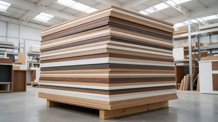 Pilha de chapas de MDF em várias cores e padrões madeirados